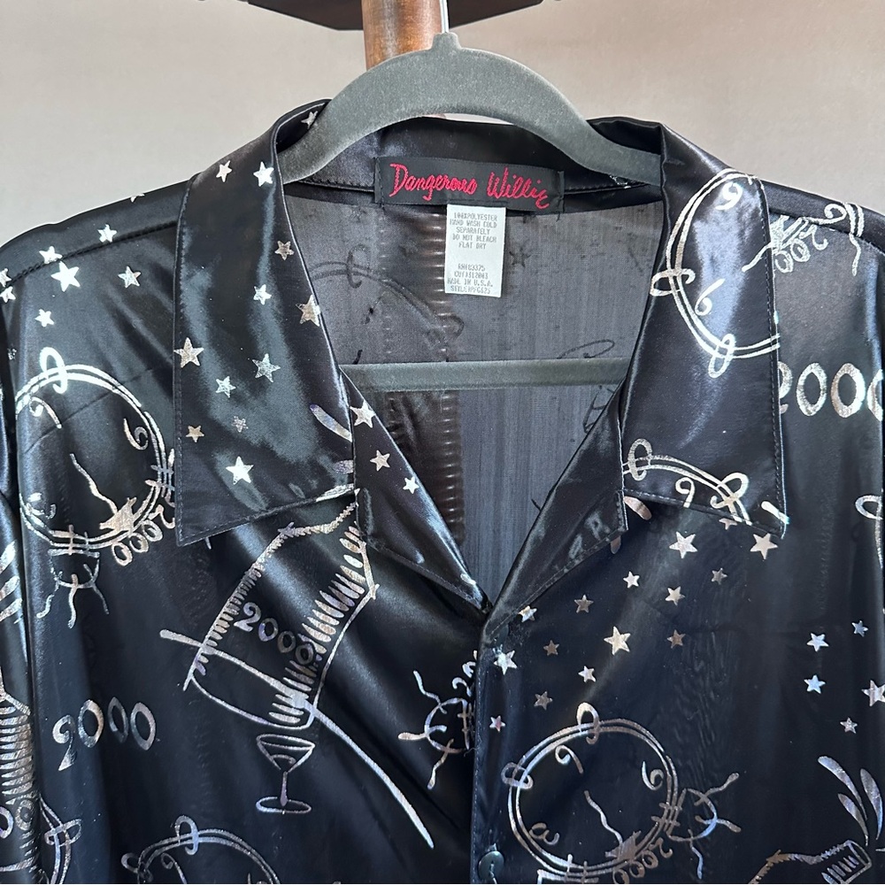 Sold Y2K Dangerous Willie 2000 New Years Silver Black Sheer Button Down Mens L - Picture 3 of 8